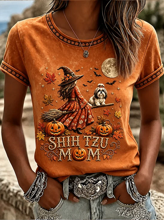 Women's Short Sleeve T-shirt Summer Orange Maple Leaf Printing Jersey Crew Neck Daily Going Out Casual Top