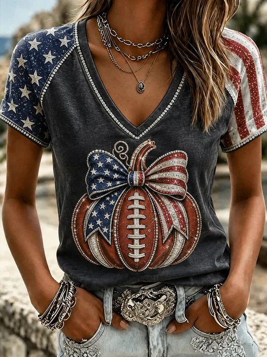 Patriotic Pumpkin Football  V‑Neck T-Shirt