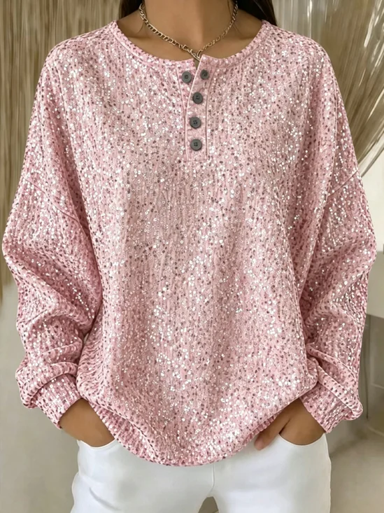 Stylish Sparkle Print Loose Henley  Sweatshirt