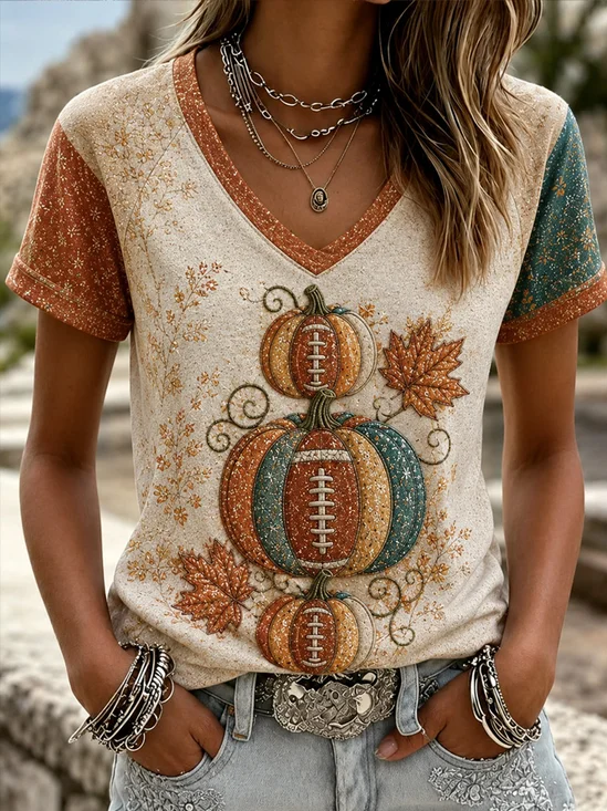 Pumpkin Football Maple  V‑Neck T-Shirt