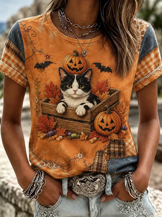 Halloween Cat Pumpkin Theme Crew Neck T-Shirt
