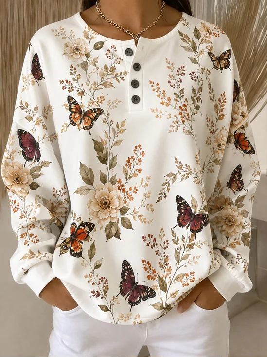 Vintage Butterfly Floral Relaxed Henley  Sweatshirt