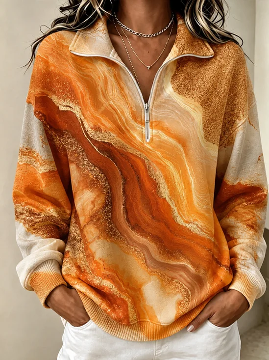 Art Marble‑Flow Print Zip Casual Sweatshirt