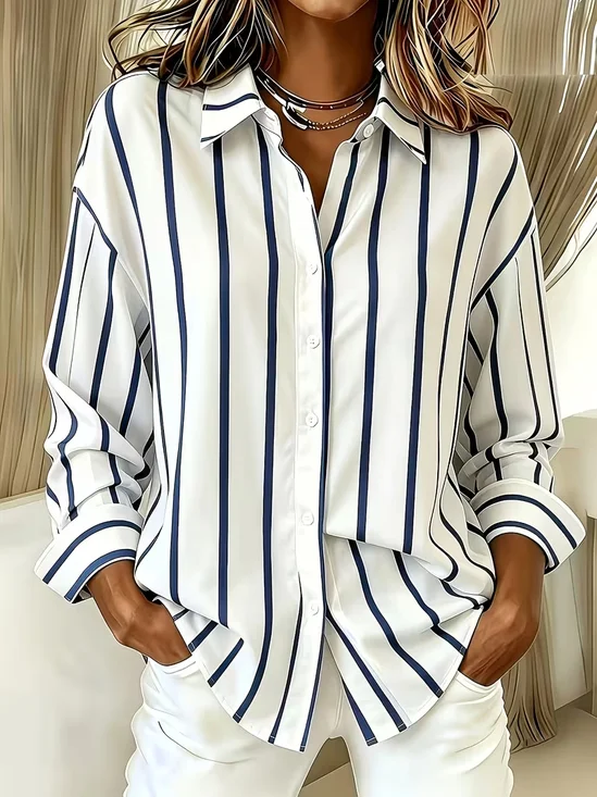 Women's Long Sleeve Shirt Spring/Fall White Striped Buckle Shirt Collar Regular Sleeve Daily Going Out Casual Top