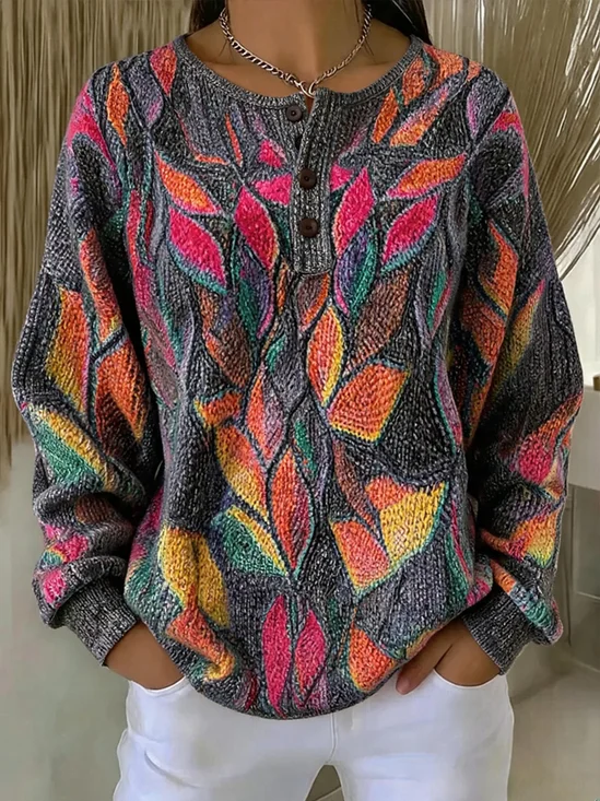 Colorful Leaf Print Henley Sweatshirt