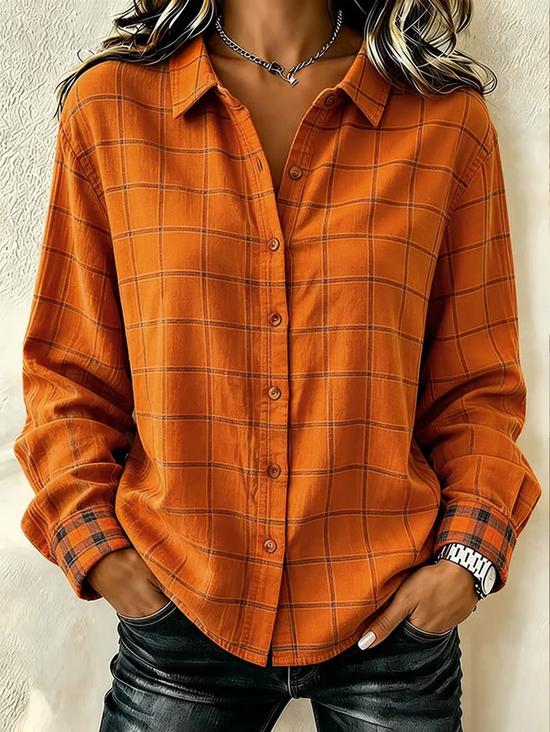 Women's Long Sleeve Shirt Spring/Fall Orange Plaid Buckle Shirt Collar Regular Sleeve Daily Going Out Casual Top