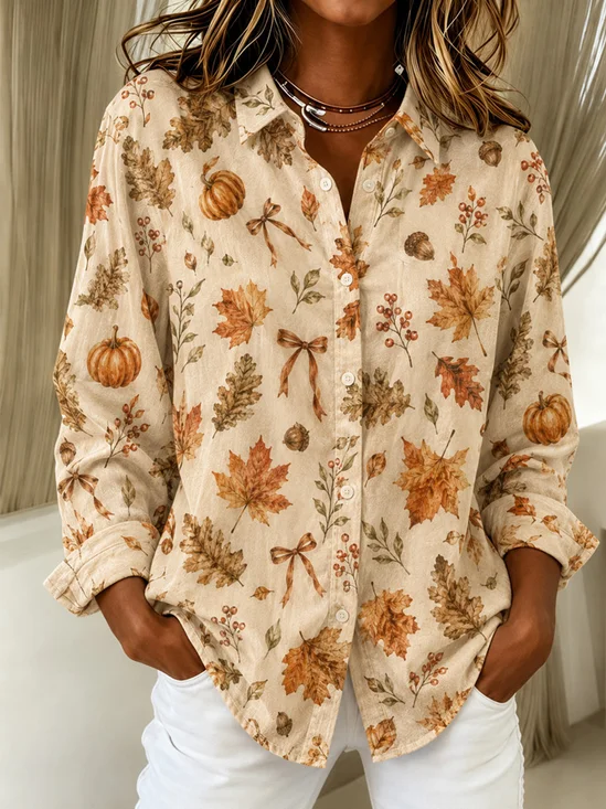 Autumn Pumpkin Maple Loose Button‑Down Shirt