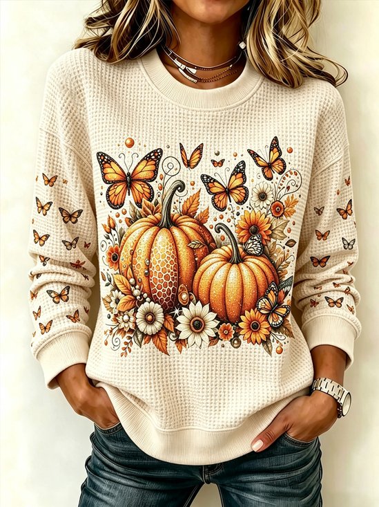 Pumpkin Butterfly Floral Fashion Crewneck Sweatshirt