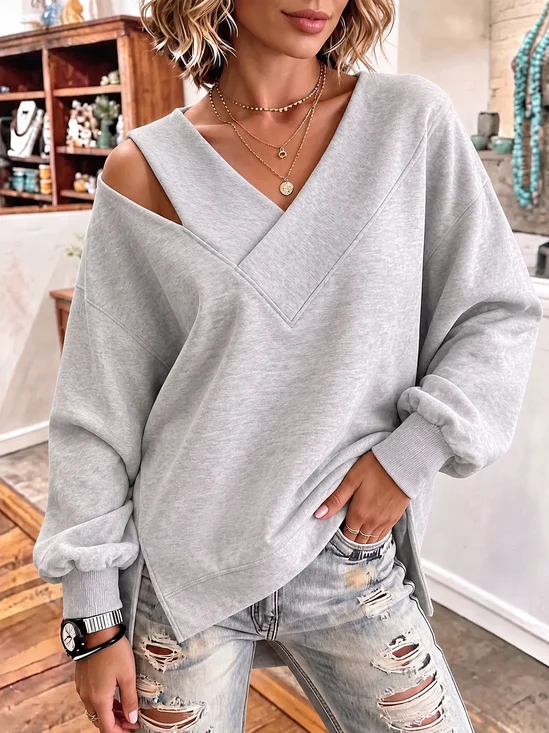 Plain V Neck Loose Casual Sweatshirt