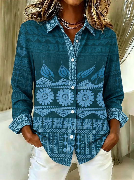 Women's Long Sleeve Shirt Spring/Fall Blue Abstract Buckle Shirt Collar Regular Sleeve Daily Going Out Casual Top