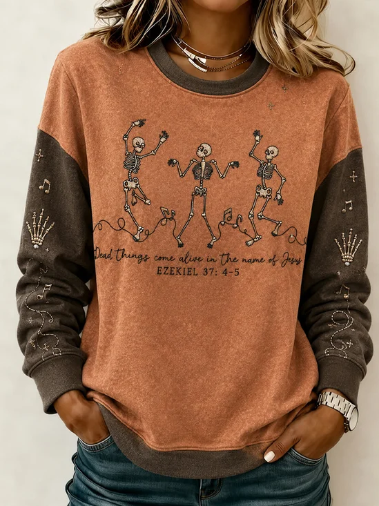 Dancing Skeleton Letter Print Color‑Block Long‑Sleeve Sweatshirt