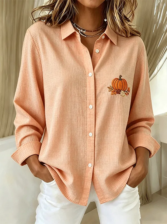 Women's Long Sleeve Shirt Spring/Fall Light Orange Pumpkin Pattern Buckle Shirt Collar Regular Sleeve Daily Going Out Casual Top