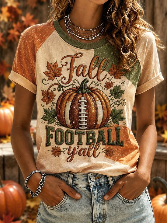 Football Pumpkin Theme Print Short‑Sleeve T-Shirt