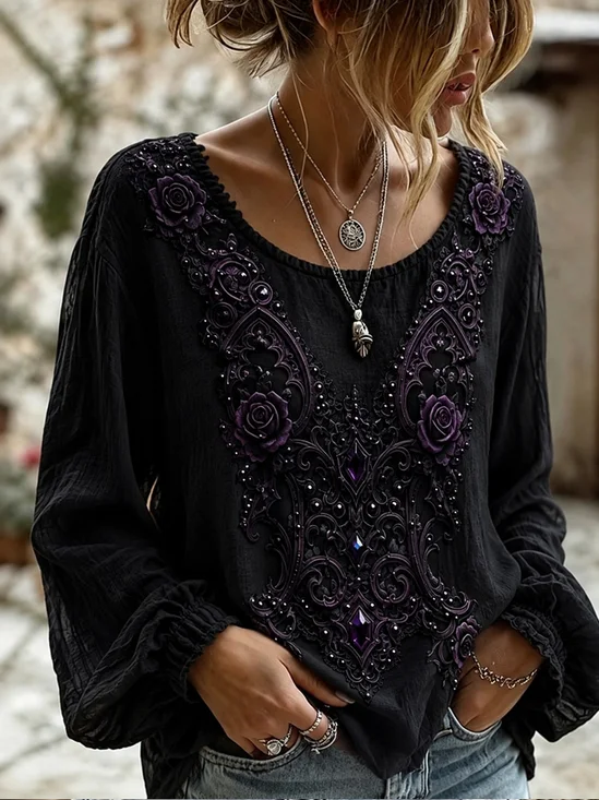 Dark Style Crew Neck Rose Print Blouse