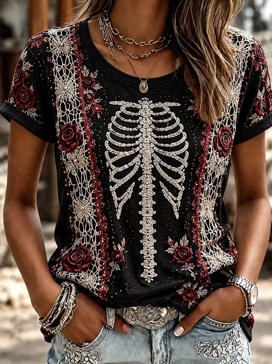 Fashion Rose Skeleton Graphic T-Shirt