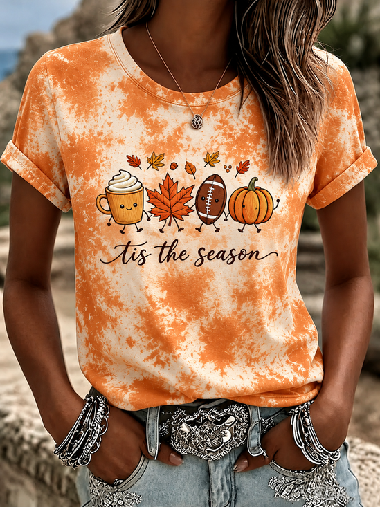 Women's Short Sleeve T-shirt Summer Orange Maple Leaf Printing Jersey Crew Neck Daily Going Out Casual Top