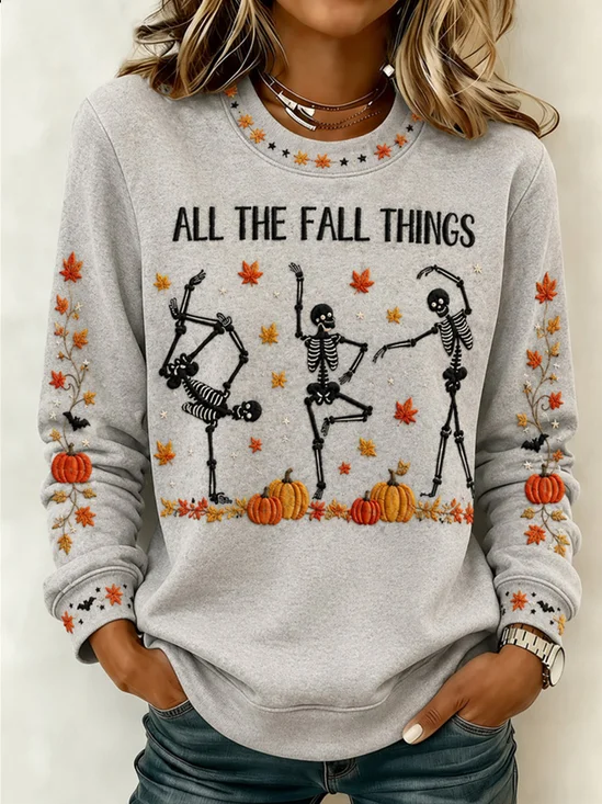 Casual Dancing Skeleton Pumpkin Fall Graphic Sweatshirt