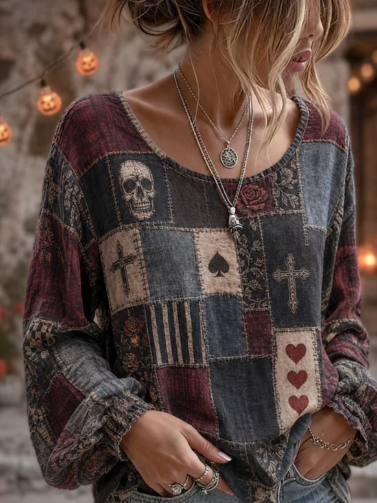 Casual Crew Neck Patchwork Skull Cross Print  Blouse