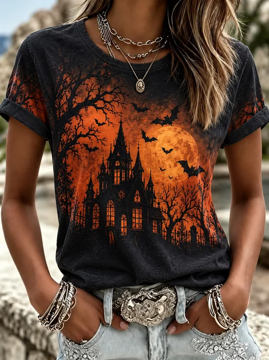 Trendy Crew Neck Castle Bat Moon Print T‑Shirt