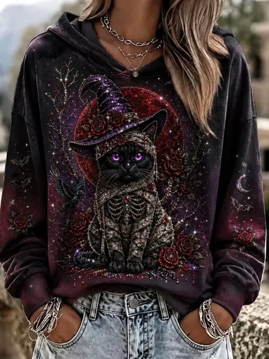 Black Cat Halloween Floral Hoodie