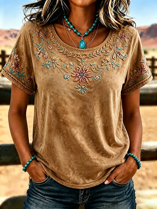 Women's Short Sleeve T-shirt Summer Khaki Floral Printing Jersey Crew Neck Daily Going Out Casual Top