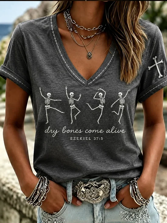 V‑Neck Dancing Skeleton Casual T-Shirt