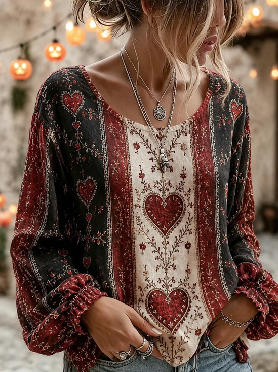 Vintage Crew Neck Heart Floral Print Blouse