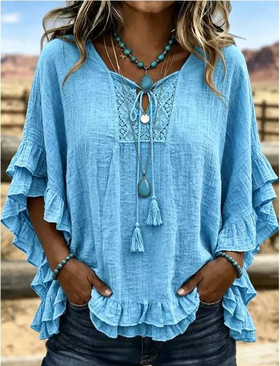 Women's Solid-Color Loose Ruffled Top