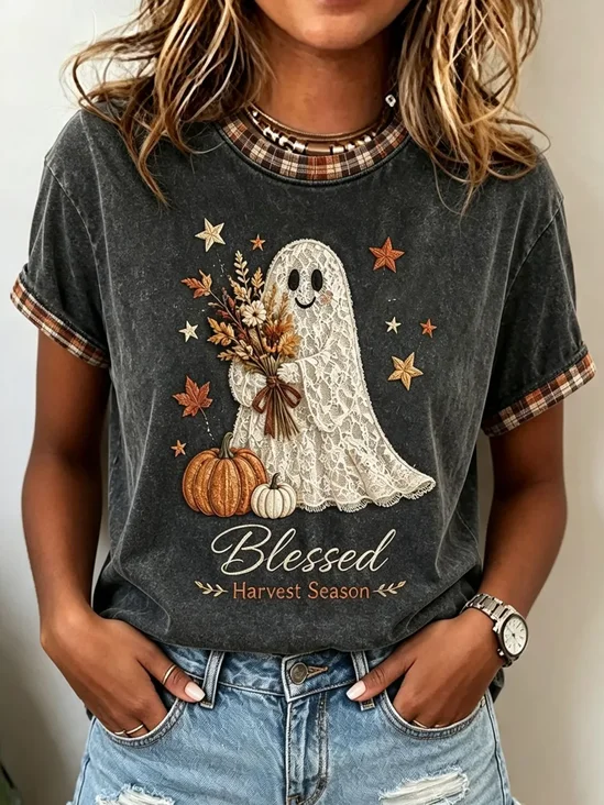 Women's Short Sleeve T-shirt Summer Deep Gray Halloween Printing Jersey Crew Neck Daily Going Out Casual Top