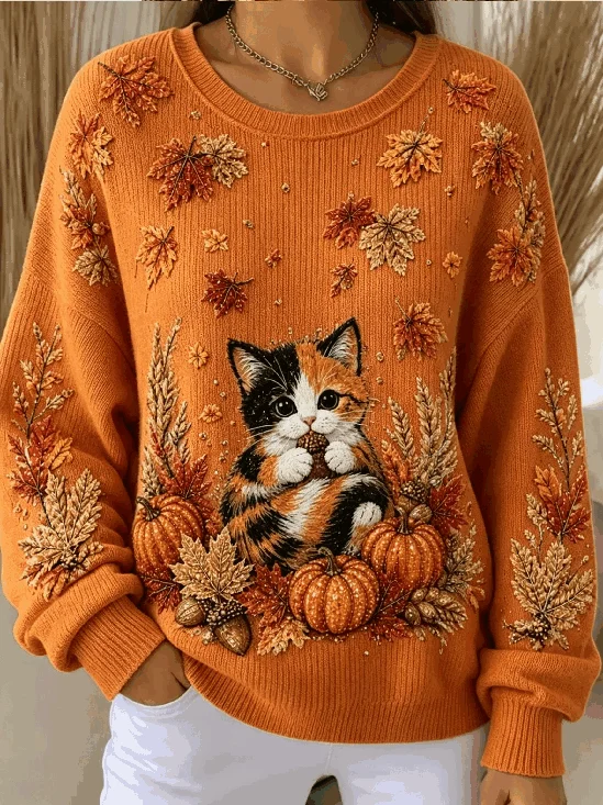Fall Kitten Pumpkin Graphic Crew Neck Sweatshirt