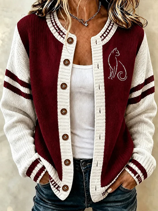 Cat Graphic Color‑Block Casual Cardigan