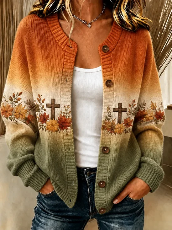 Regular Fit Casual Printing Crew Neck Cardigan
