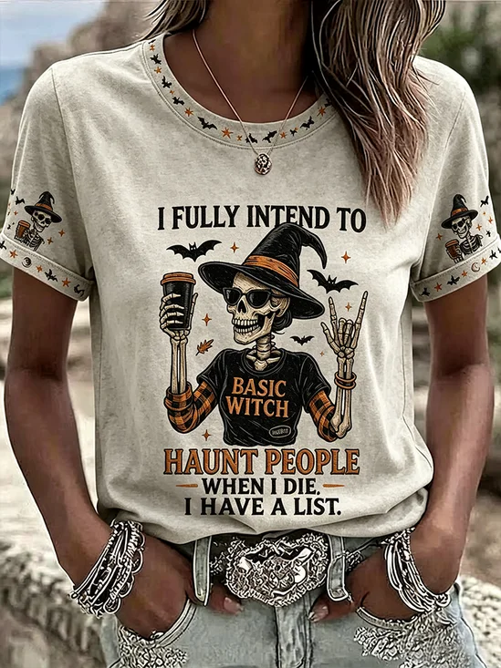 Women's Short Sleeve T-shirt Summer Light Gray Halloween Printing Crew Neck Daily Going Out Casual Top