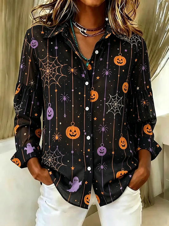 Women's Long Sleeve Shirt Spring/Fall Black Halloween (pumpkin) Buckle Shirt Collar Regular Sleeve Daily Going Out Casual Top