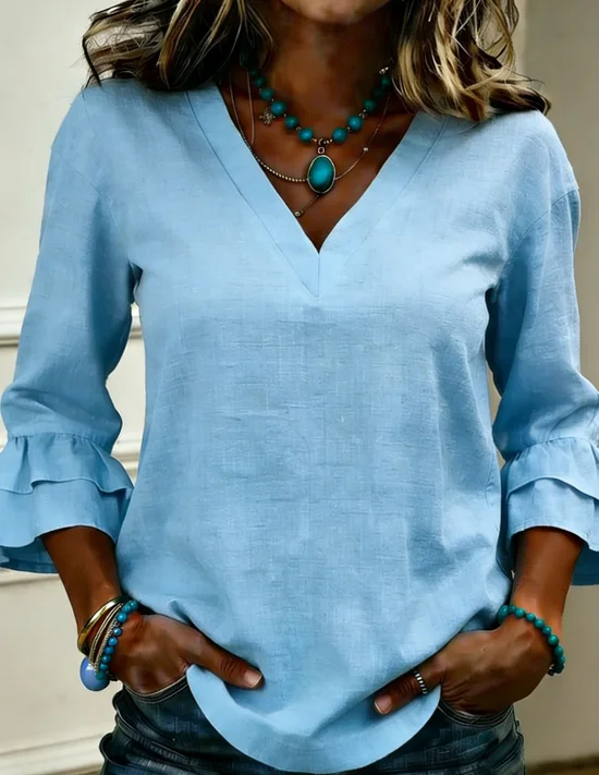 Women's Three Quarter Sleeve Blouse Spring/Fall Blue Plain Peplum V Neck Daily Going Out Simple Top