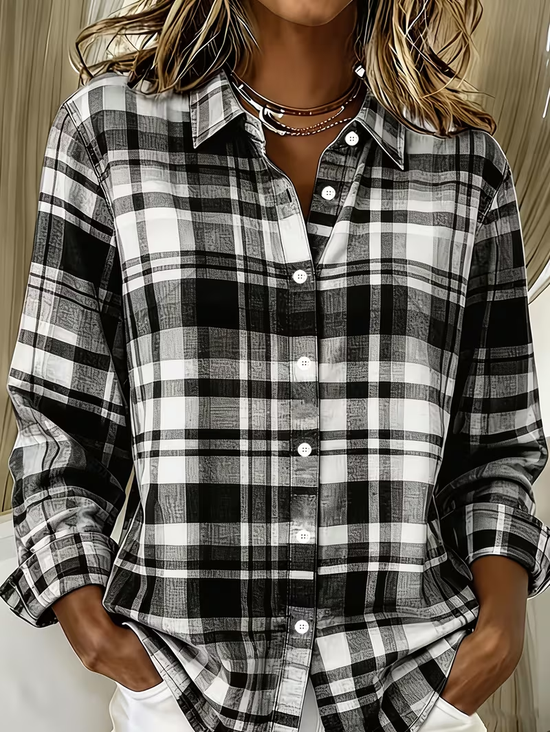 Women's Long Sleeve Shirt Spring/Fall Black-white Plaid Buckle Shirt Collar Regular Sleeve Daily Going Out Casual Top
