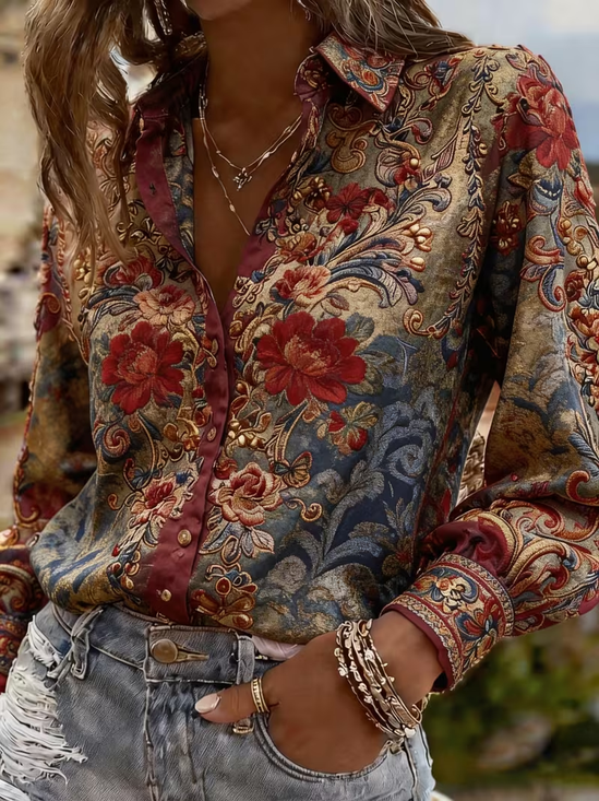 Women's Long Sleeve Shirt Spring/Fall Blue Floral Buckle Shirt Collar Regular Sleeve Daily Going Out Casual Top
