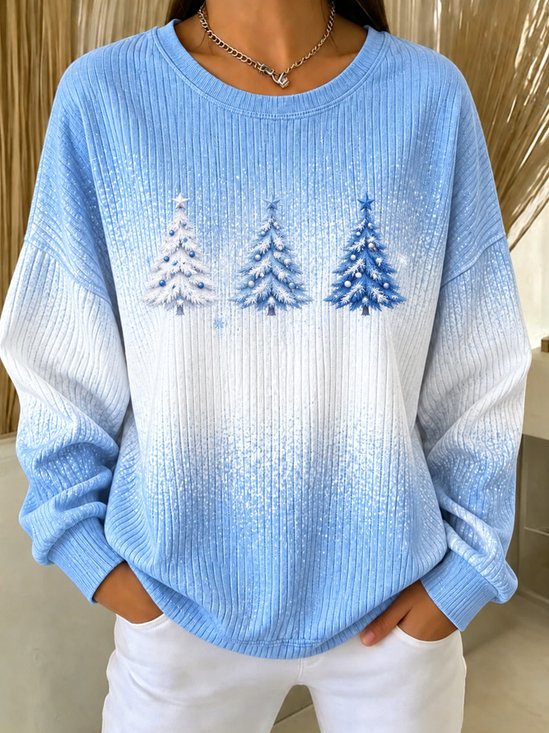 Loose Long‑Sleeve Christmas Tree Print Sweatshirt