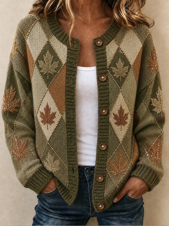 Casual Maple Leaf Crew Neck Cardigan