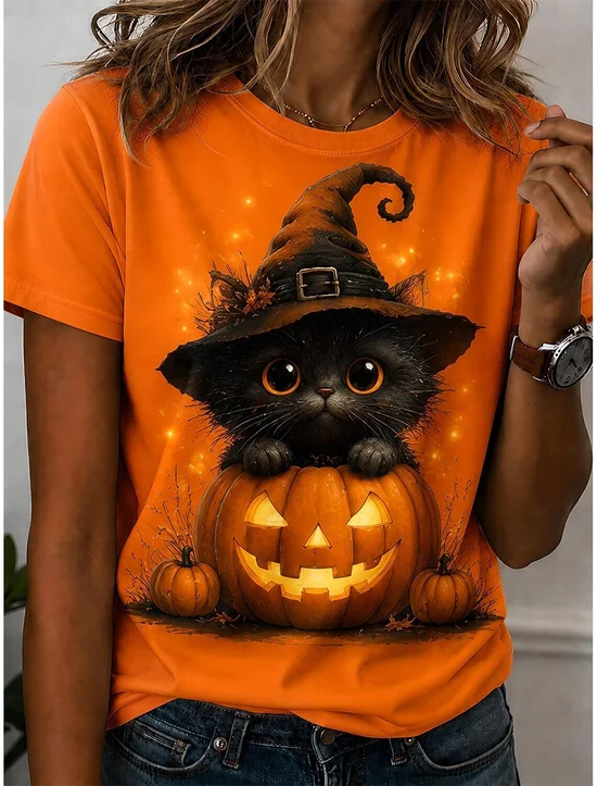 Cute Cat Pumpkin Graphic Casual T-Shirt