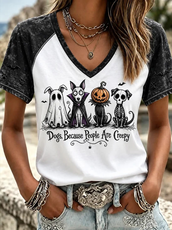 Fun Dog Graphic V‑Neck Casual T-Shirt