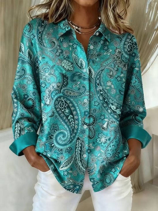 Women's Long Sleeve Shirt Spring/Fall Cyan Abstract Buckle Shirt Collar Regular Sleeve Daily Going Out Casual Top