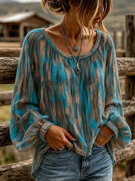 Women's Long Sleeve Blouse Spring/Fall Blue Abstract Printing Crew Neck Daily Going Out Vintage Top