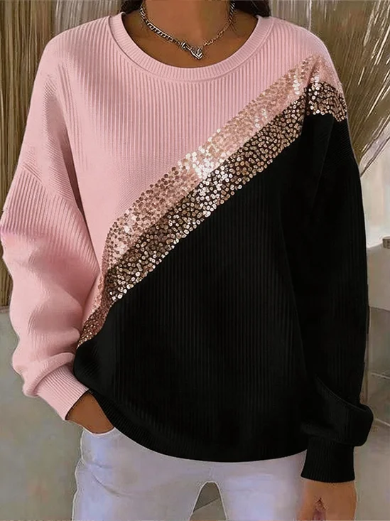 Diagonal Sequin Patchwork Loose  Sweatshirt