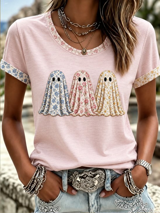 Floral Ghost Cute Graphic Casual T-Shirt