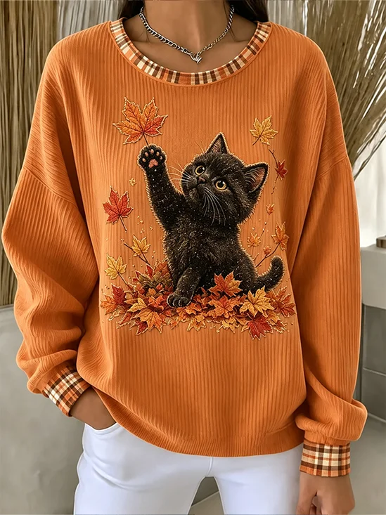 Cute Cat Maple Leaf Print Sweatshirt