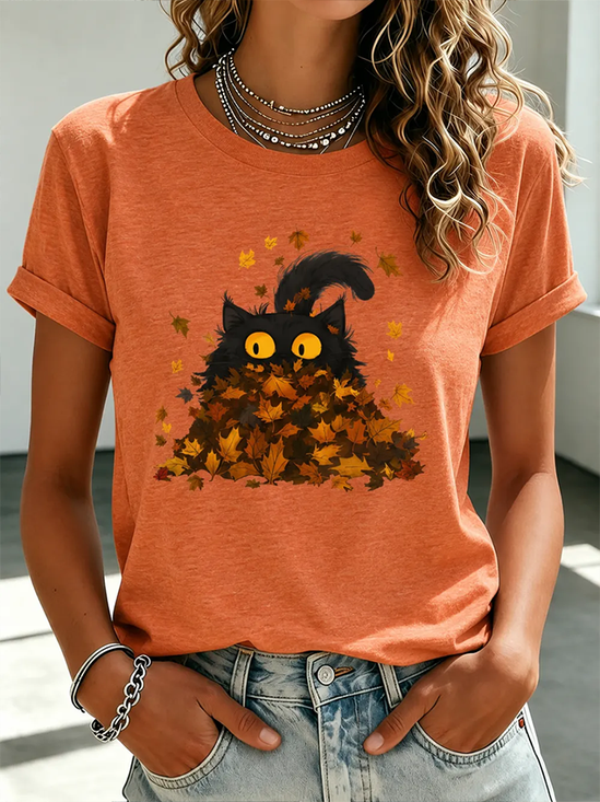 Women's Short Sleeve T-shirt Summer Orange Maple Leaf Printing Jersey Crew Neck Daily Going Out Casual Top