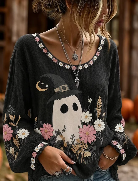 Women's Long Sleeve Blouse Spring/Fall Black Floral Printing Crew Neck Daily Going Out Vintage Top