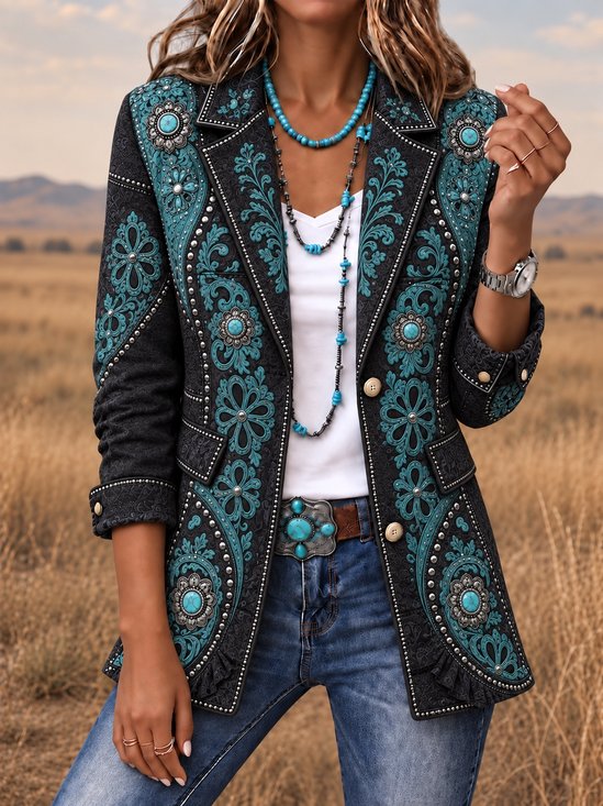 Lapel Collar Contrast Stitching Regular Fit Western Style Jacket