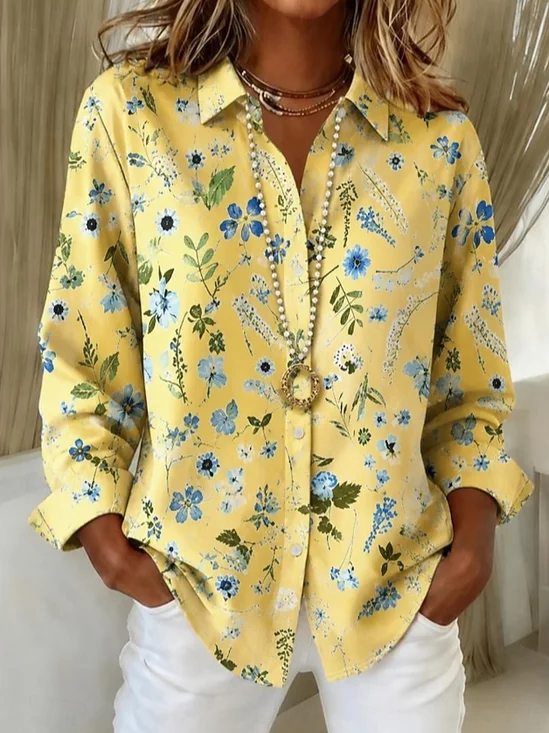 Women's Long Sleeve Shirt Spring/Fall Yellow Floral Buckle Shirt Collar Regular Sleeve Daily Going Out Casual Top